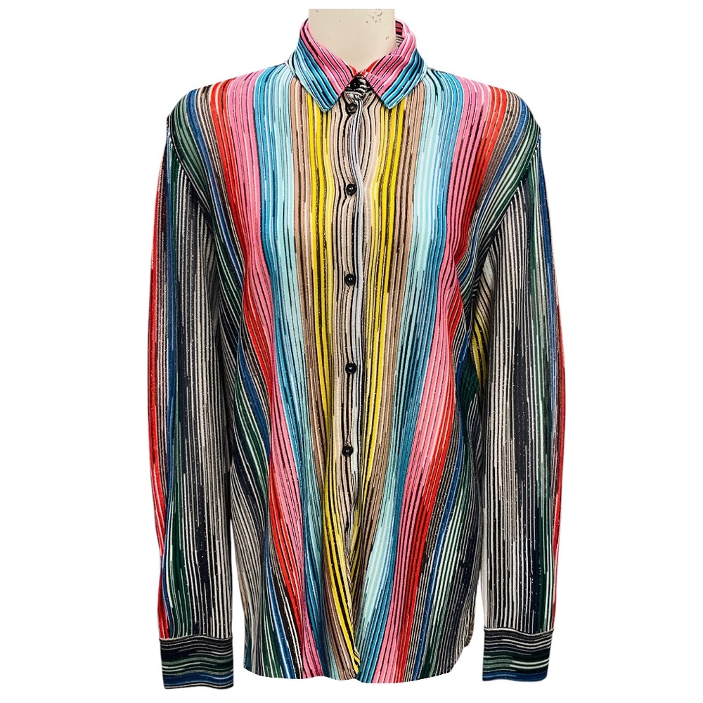 MISSONI MULTI STRIPED METALLIC KNIT LONG SLEEVED SHIRT